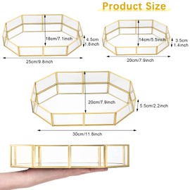 3 Pieces Mirror Tray Metal Vanity Mirror Tray Rectangle Octagon Perfume Tray Mirror Makeup Tray Cosmetic Dresser Tray for Dresser Bedroom Bathroom Hotel, 3 Sizes (Gold)