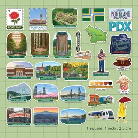 Navy Peony Hipster Portland Travel Stickers (28pcs) - City of Roses, Oregon, America City-Themed Vacation Stickers for Scrapbooking, Journals