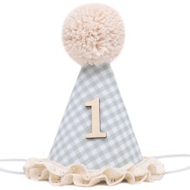 WAOUH Boho 1st Birthday Crown - Unisex Adjustable Baby Hat with Pom Topper, Felt Party Decoration & Photo Props (Green Plaid)