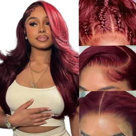Suresen 99J Burgundy Lace Front Wigs Human Hair 180% Density 13x4 HD Transparent Lace Front Wig Pre Plucked Body Wave Wine Red Colored Human Hair Wig Glueless Real Hair Wigs for Women