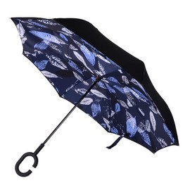 Parquet Blue Leaf Batik Double Layer Inverted Umbrellas - C Shaped Handle Reverse Folding Windproof Umbrella for Men and Women…