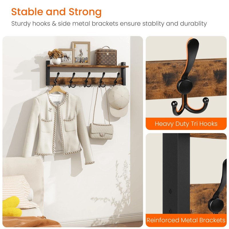 Homode Rustic Brown Wall Mount Coat Rack with Shelf and