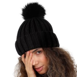 SHINCHIC Womens Winter Satin Lined Beanie Hat Cuffed Faux Fur Pom Hat Knitted Warm Soft Skull Cap, Black, One Size