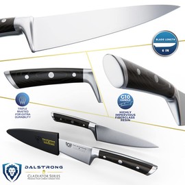 DALSTRONG Chef Knife - 6 inch - Gladiator Series - Forged ThyssenKrupp High Carbon German Steel - Razor Sharp Kitchen Knife - Full Tang - Black G10 Handle - Sheath Included - NSF Certified