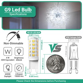 TJOY G9 LED Bulb 4W, 6000K Daylight 6 Pack, Equivalent 40 Watt T4 G9 Halogen Replacement, G 9 Bi-pin Base Light Bulbs for Chandelier, 120V 450 LM 360 Beam Angle for Home Lighting, Non-dimmable