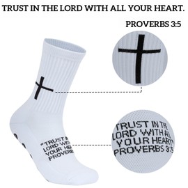 3 Pairs Cross Grip Soccer Socks for US 6-13 - Anti-Slip Christian Socks with Bible Verse, Jesus Sports Sock for Football Training, White, One Size