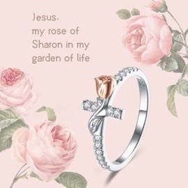 SOLOLIKE Sterling Silver Christian Rose Flower Rings for Women Sideways Cross Rings Cubic Zirconia Promise Rings for Her Stackable Purity Bands Rings for Women - Valentine's Day Jewelry Gifts