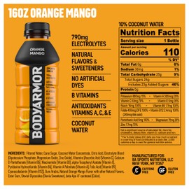 BODYARMOR Sports Drink Sports Beverage, Orange Mango, Coconut Water Hydration, Natural Flavors With Vitamins, Potassium-Packed Electrolytes, Perfect For Athletes, 16 Fl Oz (Pack of 12)