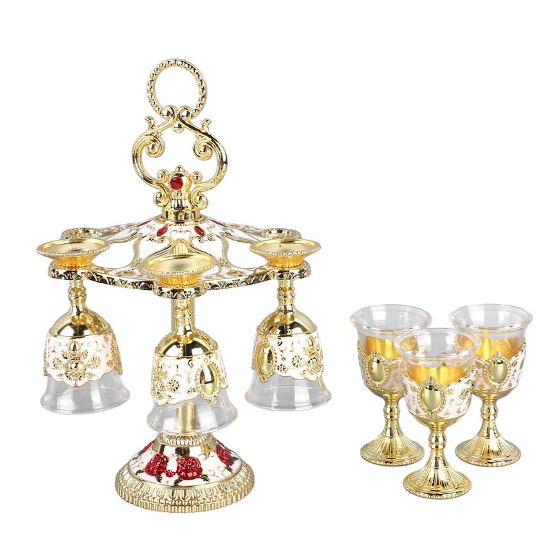 6Pcs Chinese Chalice Retro Style Zinc Alloy Glass Embossed Flower