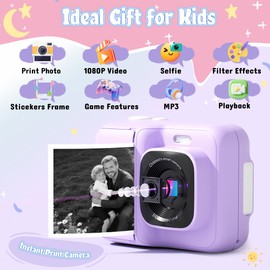 ETIKEZ Kids Camera, HD Digital Instant Print Camera for Kids, Christmas Birthday Gifts for 4 5 6 7 8 9 10 Year Old Girls Boys, Portable Toy with 32GB SD Card & 3 Rolls Printing Paper, Purple