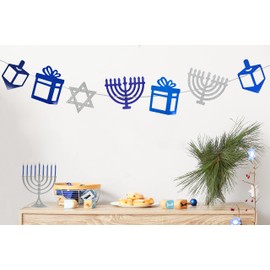 The Dreidel Company Hanukkah Glitter Garland, Menorah, Dreidel, Gift, Star of David Decoration, Party Favor (Silver, Single)