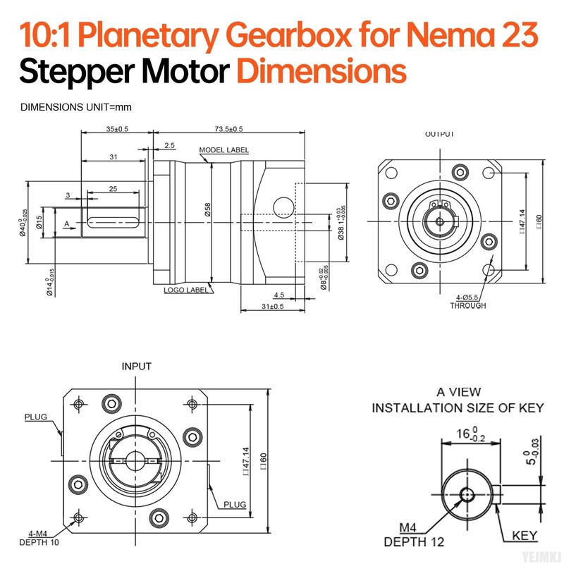 YEJMKJ Ratio 10:1 Planetary Gearbox for Nema 23 Stepper Motor