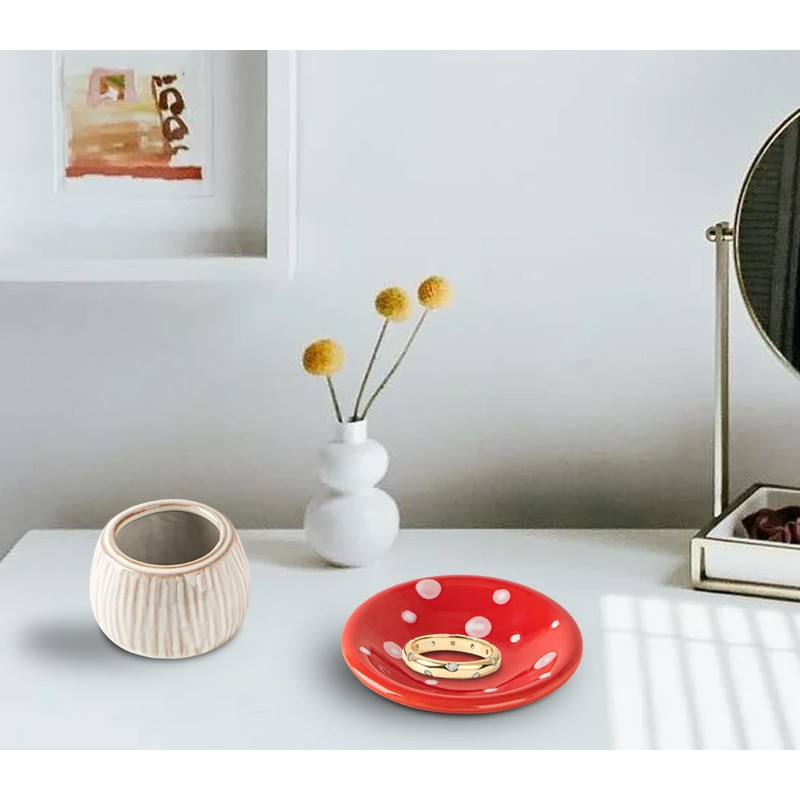 dgudgu Mushroom Ring Holder Jewelry Tray Red Dish Ceramic Trinket