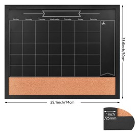 TORASO Chalkboard Calendar & Corkboard, Magnetic Surface 24" x 32" Combination Chalk Board & Bulletin Board, Black Framed Blackboard/Calendar/Cork Combo Board(ZHHB-BK-6080)