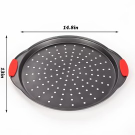 ZOEHROWS Pizza Pan for Oven, Round Pizza Pan with Holes - Non-Stick Carbon Steel Pizza Tray with Silicone Handles - for Cooking, Baking, and Grilling - Dishwasher Safe