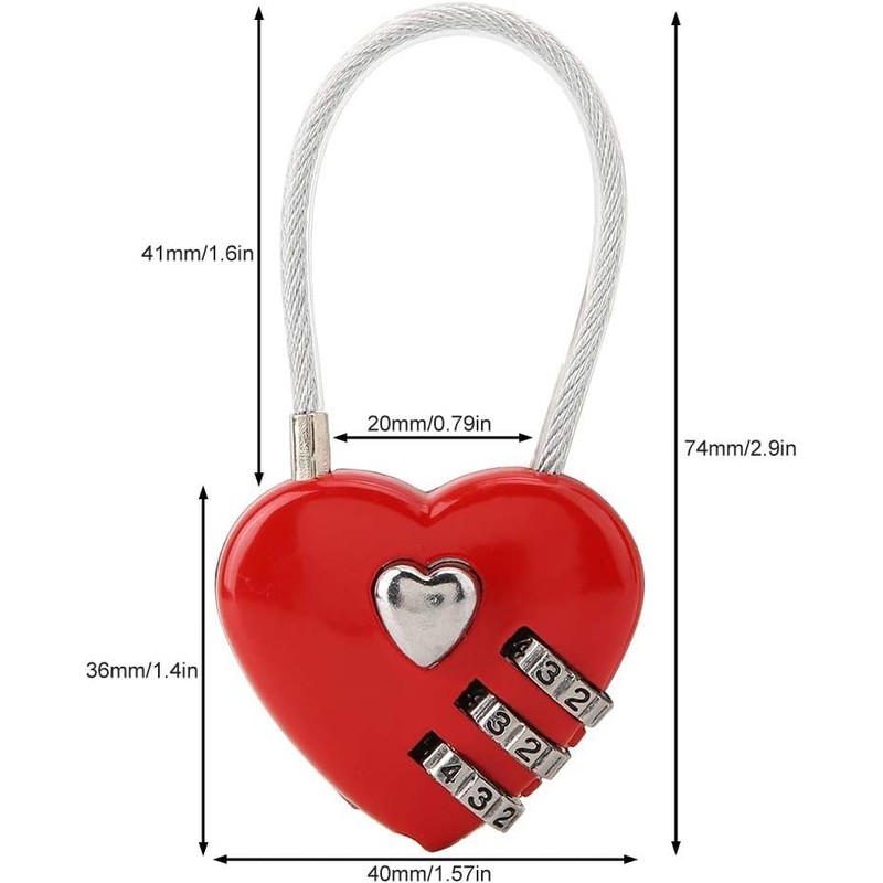 Red Heart Shape Padlock Mini 3 Digit Code Lock with