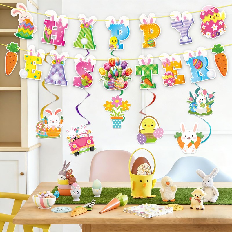52 Pcs Easter Banner, Happy Easter Garland with Hanging Swirls,