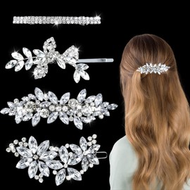 4 Pcs Rhinestone Hair Clips for Women Sparkly Hair Barrettes Flower Crystal Hair Clips Silver Bridal Hair Accessories Decorative Bobby Pins Elegant Hair Accessories for Wedding Party Everyday