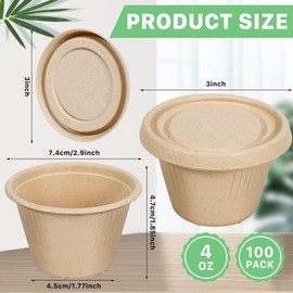 4Oz Disposable Paper Condiment Cups with Lids, 100 Pack Natural Bagasse Fiber Ice Cream Tasting Cup,Compostable Cup Paper Containers for Sauce Snack Dessert Charcuterie Salad Dressing Food Storage