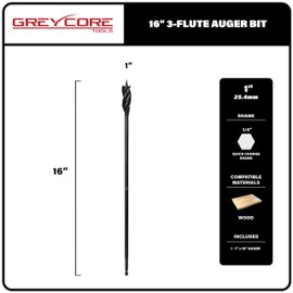Greycore Tools 1 Inch x 16 Inch 3-Flute Auger Bit, Wood Drill Bit for Hard and Soft Wood, 1/4” Quick Change Shank, Woodworking Auger Bits (1” x 16” Auger)