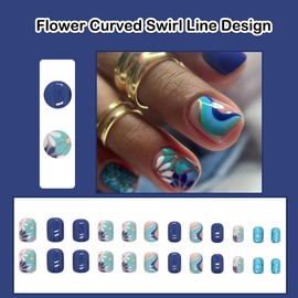 ANDGING Extra Short Press on Nails Blue Square Fake Nails with Flower Curved Swirl Line Design Gel Glue on Nails for Women Girls Acrylic False Nails with Glue Stick on Nails for Wedding Birthday 24Pc