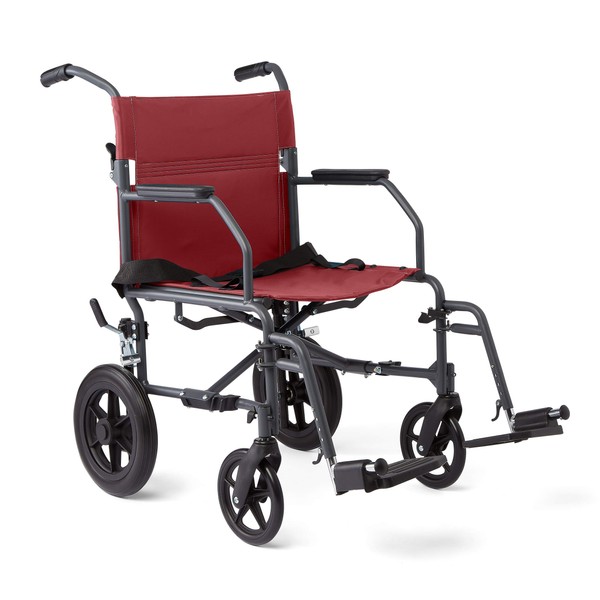 Medline Basic Steel Transport Chair - Full-Length Arms, Swing-Away Footrests, 12" Wheels - Gray/Burgundy - Durable & Convenient Mobility Aid
