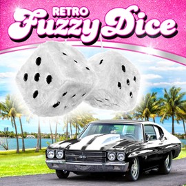 White Fuzzy Dice Car Accessories - Plush Cute Car Accessories for Interior - Plush Rear View Mirror Hanging Ornament Decorations - Retro Y2K McBling 2000s Aesthetic Girly Decor - White and Black