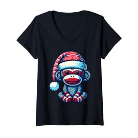 Womens Cute Sock Monkey Wearing a Santa Hat Sock Monkey Christmas V-Neck T-Shirt