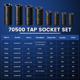 DikTalk 70500 Tap Socket Set, 8-Piece 1/4" & 3/8" Drive Taps Sockets Adapter for Socket Wrench Set Use, Fits All MCTI Taps Thru 1/2” & 1/8" NPT Taps