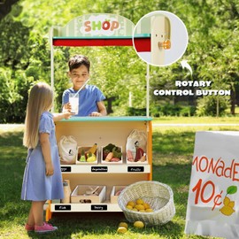 labebe - Deluxe Wooden Puppet Theater Bonus 2 Hand Puppet, ﻿2-in-1 Clock Theater Reversible Play Store, Double-Sided Lemonade Stand, Puppet Show Theater Toy with Chalkboard for Kids 36M+