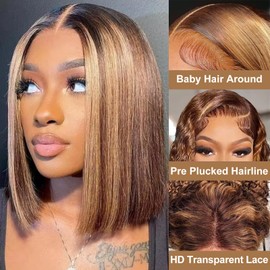 Thogriy 4/27 Honey Blonde 13x4 Bob Wig Human Hair 180% Density HD Transparent Lace Front Wigs Human Hair Short Bob Pre Plucked Straight Wigs Human Hair for Women 12 Inch