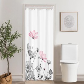 Kikiry Stall Shower Curtain Half 36''W x 72''L Pink Gray White Grey Flowers Wildflower Daisy Floral Stand up Botanical Simple Mini Small Bathroom Curtains Polyester Fabric 7 Pack Plastic Hooks