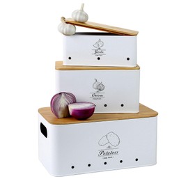 CyanCloud 3 Pack Potato Storage, Metal Onion and Potato Storage Bins with Bamboo Top for Pantry Organizers and Storage, Vegetable Storage Tins for Fruit, Produce, Potato and Onion Storage Bins