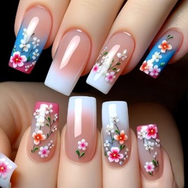 24Pcs Medium Coffin Fake Nails Nude White Pink Flower French Tip Medium Press On Nails Coffin with Designs Full Cover Glossy False Nails,Acrylic Thick Glue on Nails, Stick on Nails For Women Daily Events Y796
