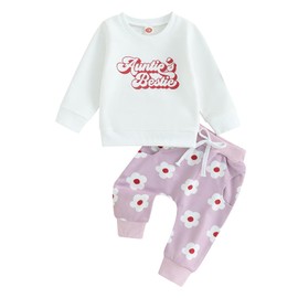 Toddler Baby Girl Fall Outfits Mama's My Bestie/Auntie's Bestie Sweatshirts Top Floral Pants Set 2Pcs Winter Clothes (White, 0-6 Months)