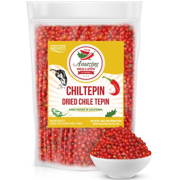 Dried Chiltepin Peppers (Chile Tepin) – 1oz Bag - Great For Use with Seafood, Sauces, Stews, Salsa, Meats. Very Hot with a Smoky Flavor. Air Tight Resealable Bag. By Amazing Chiles & Spices. (1 Ounce (Pack of 1))