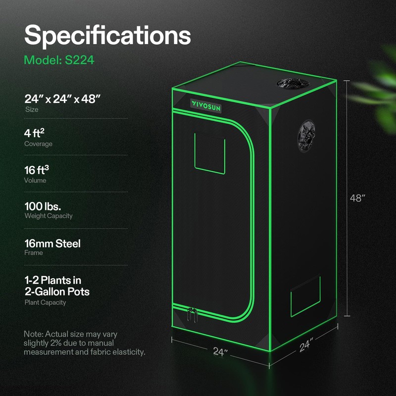 VIVOSUN S224 2x2 Grow Tent, 24"x24"x48" High Reflective Mylar with