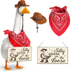 Silicherry Funny Porch Goose Decoration Set Silly Goose on The Loose Hangings Sign Cowboy Goose Outfit with Cowboy Hat and Red Bandana for 23" Cement/Plastic Goose Outdoor Statue Patio Yard Lawn Art