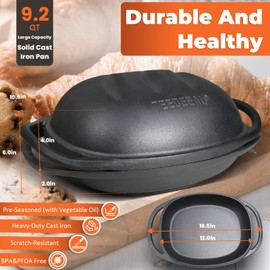 9.2 QT Heavy Duty Pre-seasoned Cast Iron Bread Pan, Large Loaf Dutch Oven with Lid, Sourdough Bread Baking Pan - Compatible with Ceramic/Cooktops/Ovens/Grill/Campfire - with lame, Flour Duster, etc
