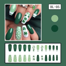 24Pcs St Patricks Day Press on Nails Green Fake Nails Medium Coffin Acrylic Nails Clover Heart Glue on Nails Glossy Acrylic Nails French Tip Press on Nails Full Cover Stick on Nails for Irish Party