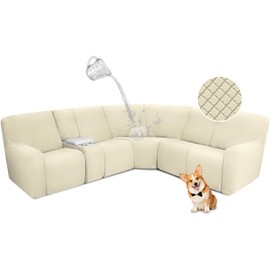 ALIECOM Waterproof Reclining Sectional Couch Covers for Reclining Sectional Stretch L Shaped Recliner Sofa Cover Washable Pet Dog Corner Sofa Slipcovers Protector (5 Seat and 1 Console, Beige)