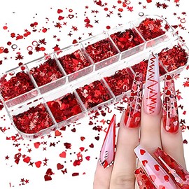 Valentine Day Nail Art Stickers Heart Nail Sequins Red Nail Glitter Flakes Charms Butterfly Nail Supplies Sparkle Nail Decals Shiny Letter Maple Star Love Design for Acrylic Nails Decorations 12 Grids