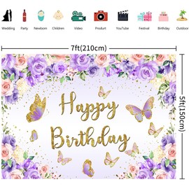 Hnmdmyi 2.1 x 1.5 m Butterfly Photo Background Purple and Pink Flowers Pastel Butterflies Gold Happy Birthday Photography Background Princess Girl Birthday Party Banner Decorations