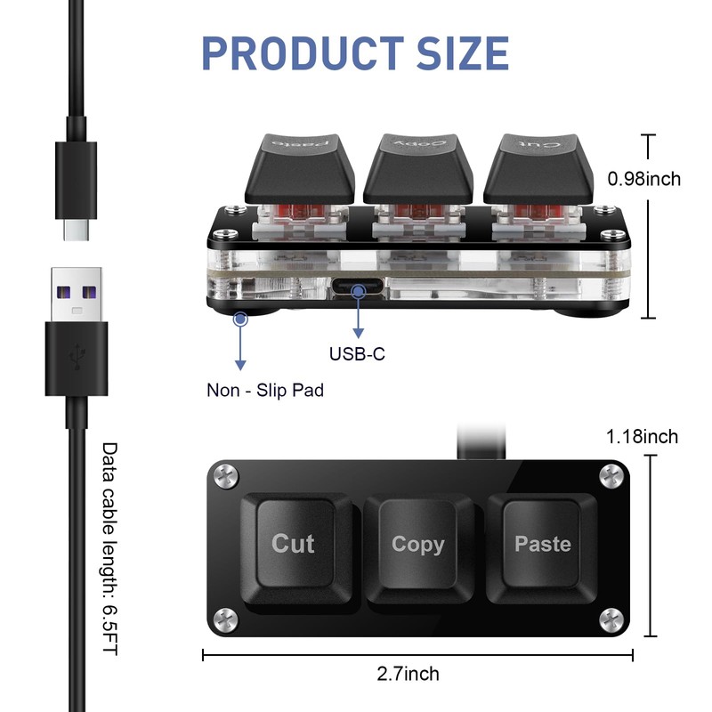 Mini 3-Key Copy Paste Programmable Keyboard Hotswappable Mechanical Switch