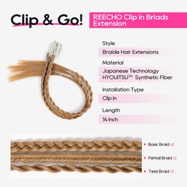 REECHO 6PCS Clip in Braid Hair Extensions for Women 14 Inch Clip in Braids Synthetic Braided Hairpieces for Daily Costume Party, Copper