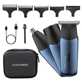 BarberBoss Rasoio elettrico da uomo 3 in 1, kit da viaggio per uomo, rasoio per barba e capelli, trimmer naso e orecchie, mini testina di rasoio, toelettatura maschile (Blu Navy Metallizzato)