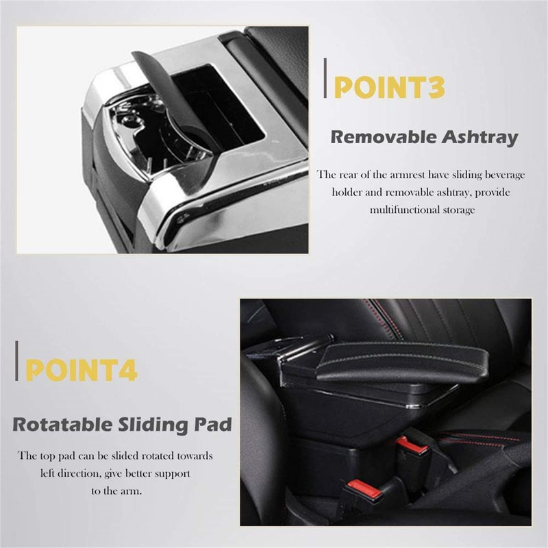 RULLINE Car Armrest Console Storage Box Rotatable Black Leather Center