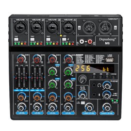 Depusheng M6 Portable Mini Mixer 6-Channel Audio Mixer DJ Console with Sound Card, Bluetooth Function, USB, 48V Phantom Power for PC Recording Webcast Party with 256 DSP