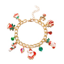 Christmas Charms Bracelets for Women Jingle Bell Bracelet Deer Santa Claus Christmas Tree Santa Hat Pendant Bracelet Christmas Colorful Beads Bracelet Christmas Accessories Jewelry Gift (Gold-2)