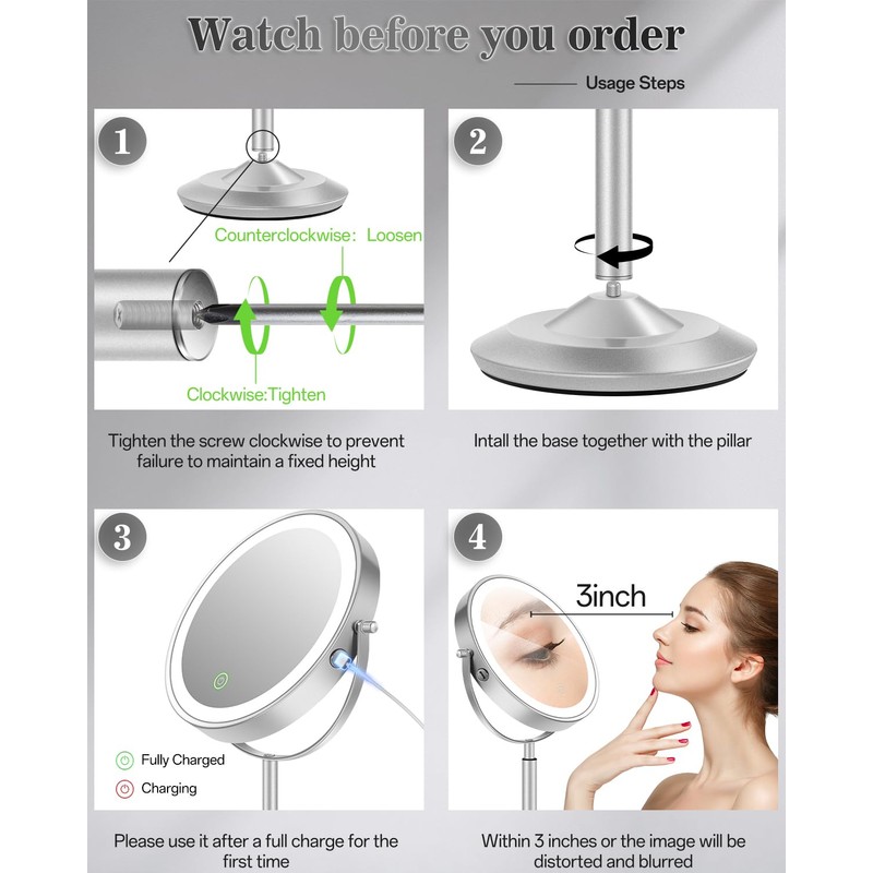 vpu Makeup Mirror with Lights, 1X/30X Lighted Magnifying Mirror Height